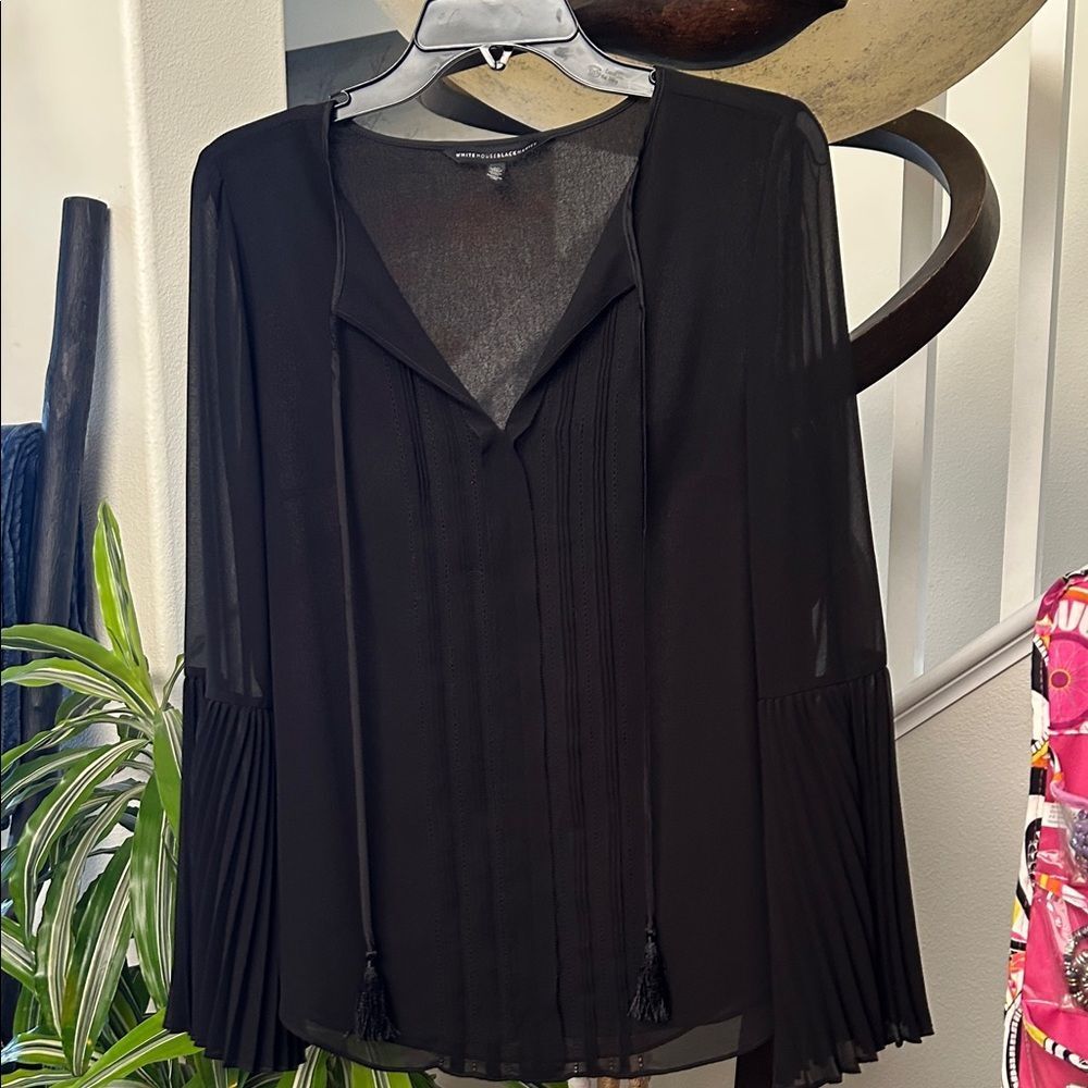 White House Black Market Black Blouse with Pleated Sleeves